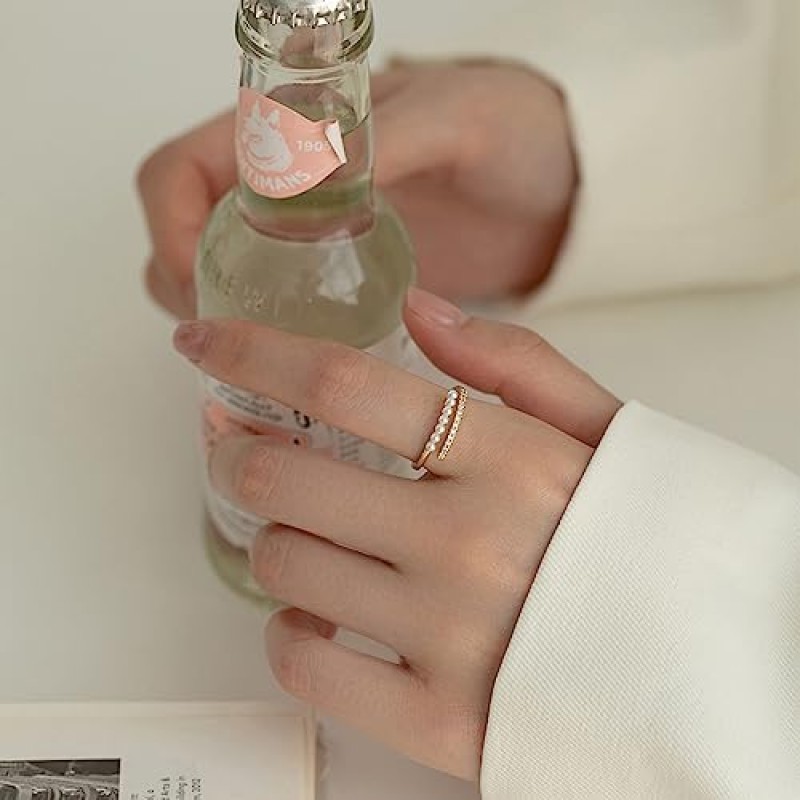 FUNYCHEN 진주 반지 여성을위한 스털링 실버 반지 큐빅 지르코니아와 담수 교양 진주 반지 Dainty Stackable 조절 가능한 오픈 링 패션 성명 쥬얼리 컬렉션 선물