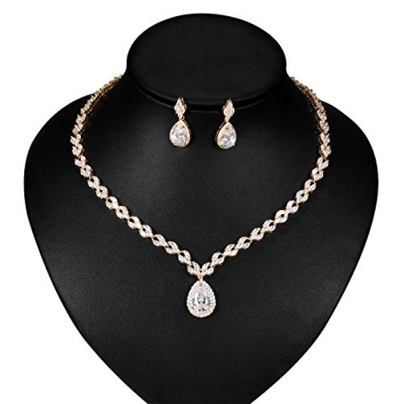 WeimanJewelry 화이트 골드/골드 도금 여성 큐빅 지르코니아 CZ 후작 눈물 신부 테니스 목걸이 및 드롭 귀걸이 세트 웨딩 신부