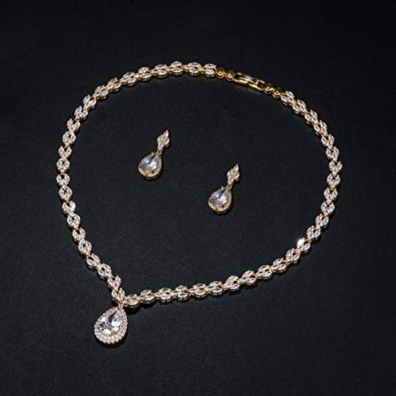 WeimanJewelry 화이트 골드/골드 도금 여성 큐빅 지르코니아 CZ 후작 눈물 신부 테니스 목걸이 및 드롭 귀걸이 세트 웨딩 신부
