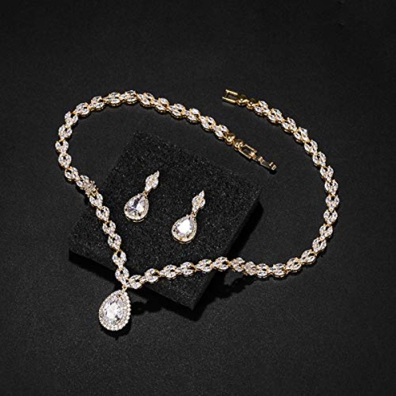 WeimanJewelry 화이트 골드/골드 도금 여성 큐빅 지르코니아 CZ 후작 눈물 신부 테니스 목걸이 및 드롭 귀걸이 세트 웨딩 신부