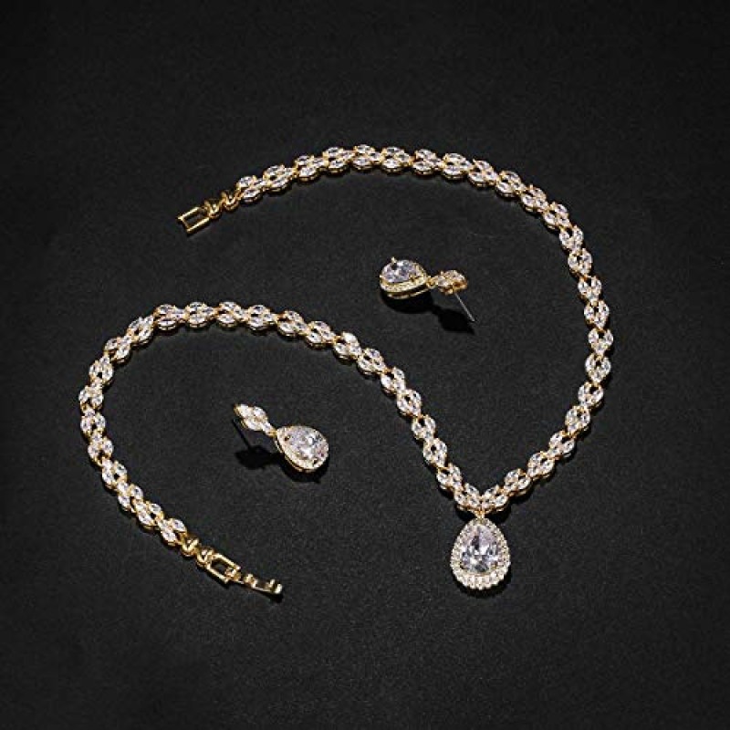 WeimanJewelry 화이트 골드/골드 도금 여성 큐빅 지르코니아 CZ 후작 눈물 신부 테니스 목걸이 및 드롭 귀걸이 세트 웨딩 신부