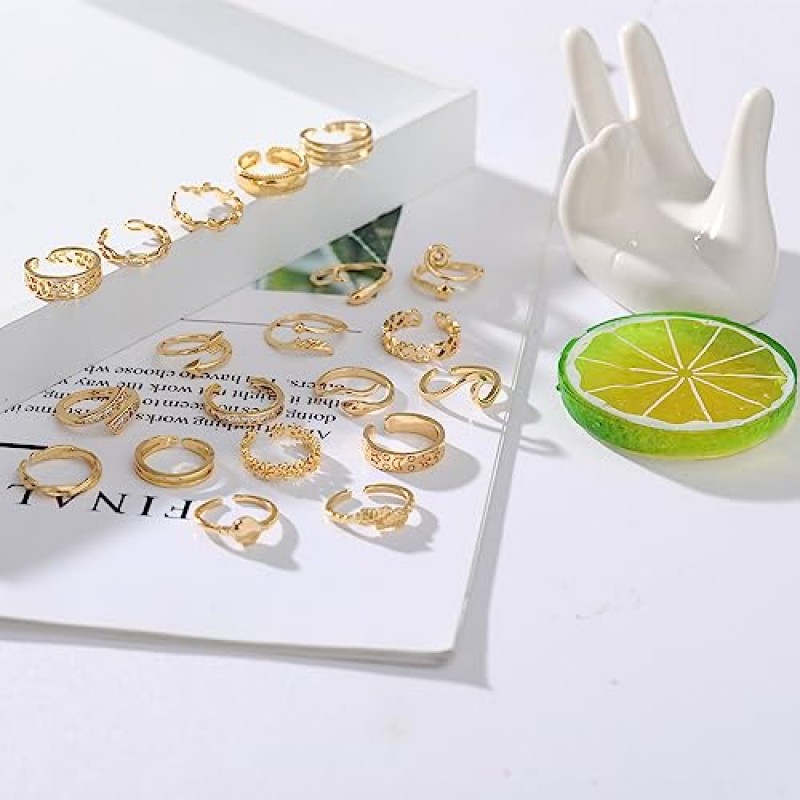 Honsny 20PCS 여자를위한 14K 골드 발가락 반지 여자, 오픈 조절 발가락 링 세트 CZ 꽃 화살표 밴드 미디 테일 핑키 링 여름 해변 골드 발가락 쥬얼리 세트 틴에이저