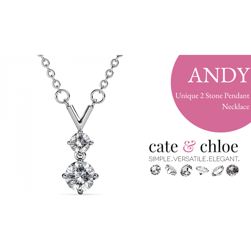 Cate & Chloe Andy 독특한 2 스톤 펜던트 목걸이, 크리스탈이 포함된 여성용 18k 화이트 골드 도금 목걸이, 여성용 아름다운 스파클링 크리스탈 스톤 2개 실버 드롭 목걸이