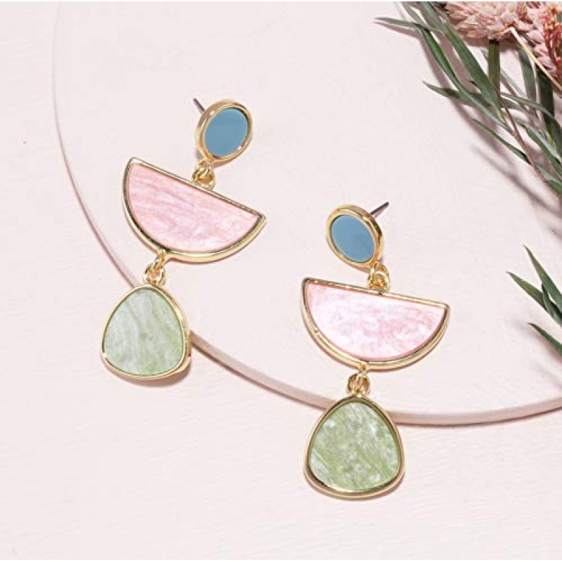 Bonaluna 멀티 컬러블록 기하학 프레임 스테이트먼트 귀걸이 아크릴 보석 댕글 드롭 여성용
