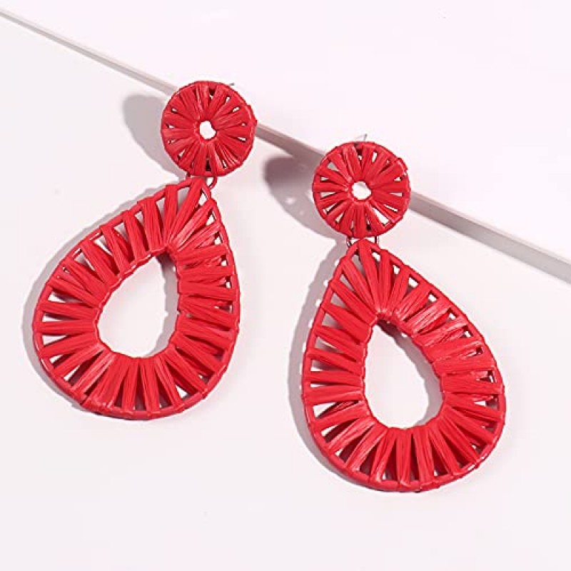 Boho 라피아 귀걸이 성명 눈물 귀걸이 드롭 매달려 보헤미안 귀걸이 여성을위한 귀여운 수제 귀걸이
