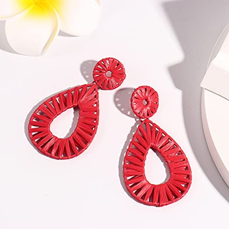 Boho 라피아 귀걸이 성명 눈물 귀걸이 드롭 매달려 보헤미안 귀걸이 여성을위한 귀여운 수제 귀걸이