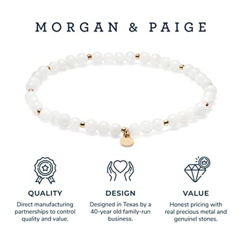 MORGAN & PAIGE 18K 옐로우 골드 도금 및 정품 문스톤 보석 브론즈 액센트 비즈 스트레치 팔찌, 6.5
