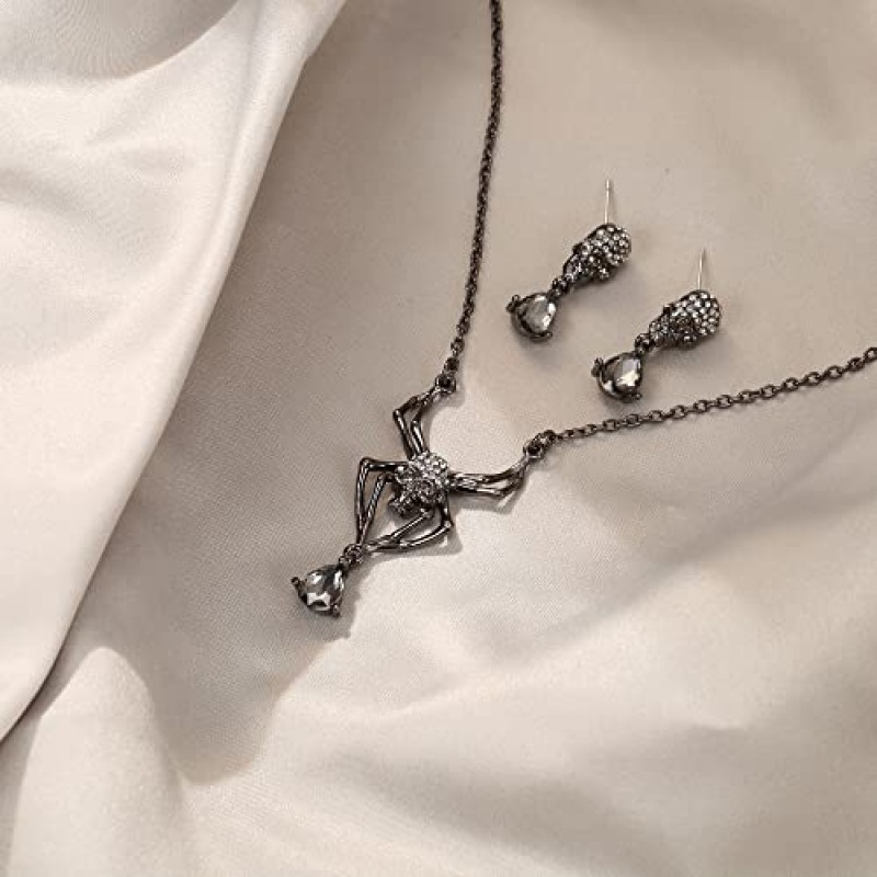 EVER FAITH 할로윈 쥬얼리 세트 빈티지 고딕 거미 해골 라운드 크리스탈 펜던트 목걸이 드롭 귀걸이 여성을위한 설정