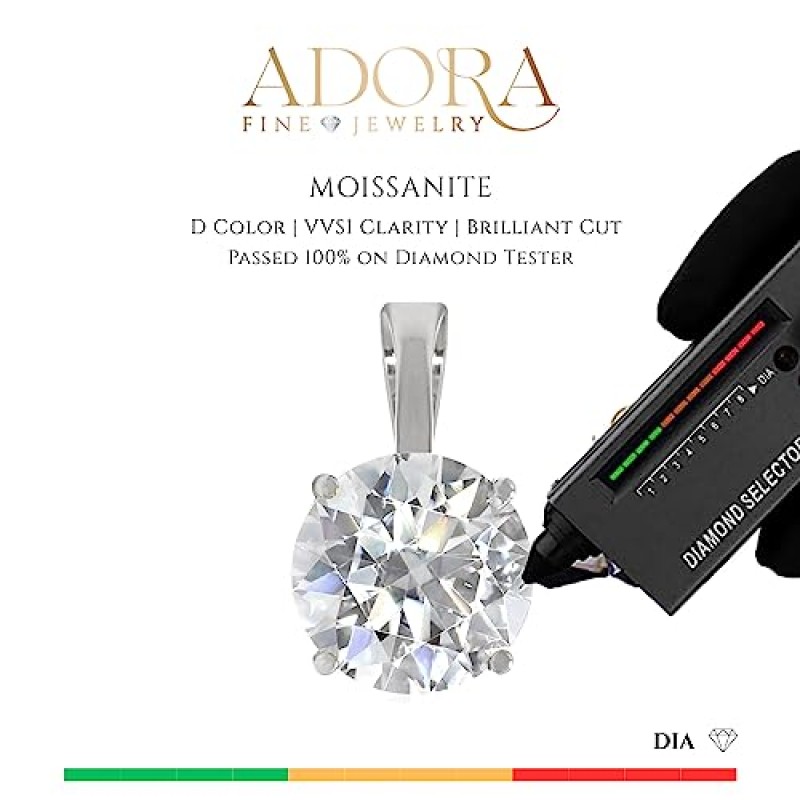 Adora Fine Jewelry Lab에서 제작한 Moissanite 라운드 컷 솔리테어 펜던트 목걸이 | 6-8mm| 0.75~2.0 CTW | D 컬러 | VVS1 선명도 | 펜던트만 또는 박스 링크 체인 포함 | 14K 솔리드 화이트 또는 옐로우 골드