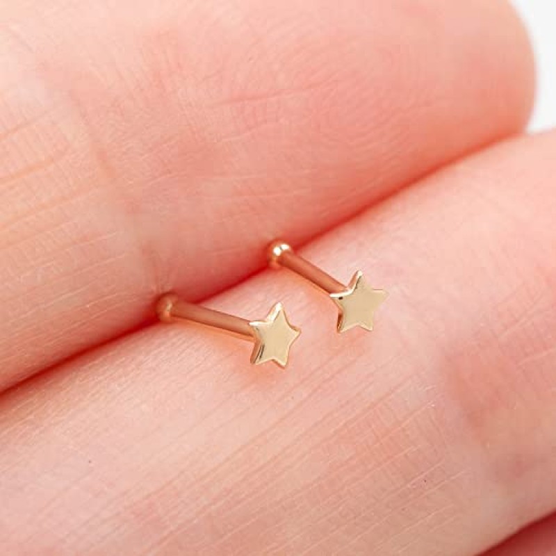 Designfy 14k 골드 코 링 스터드 여성용 남성용, 22G/20G 코 링 옐로우/화이트 골드 피어싱 쥬얼리, 피부 안전, 저자 극성 골드 코 피어싱