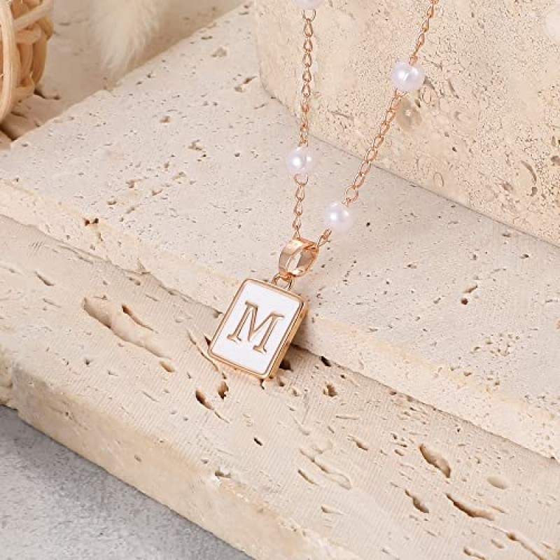 여성을위한 MJartoria Dainty 초기 목걸이 14K 샴페인 골드 도금 진주 체인 편지 펜던트 목걸이 소녀를위한 유행 미니멀리스트 위성 구슬 쥬얼리 선물