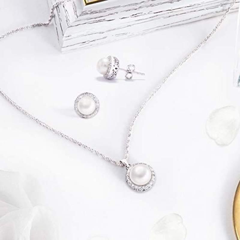 Belinda Jewelz 925 스털링 실버 6.1 캐럿 담수 진주 큐빅 지르코니아 푸시 백 스터드 귀걸이 펜던트 목걸이 파인 쥬얼리 세트
