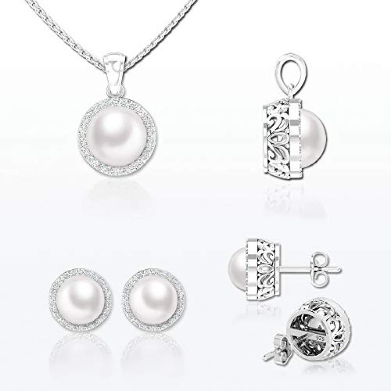 Belinda Jewelz 925 스털링 실버 6.1 캐럿 담수 진주 큐빅 지르코니아 푸시 백 스터드 귀걸이 펜던트 목걸이 파인 쥬얼리 세트