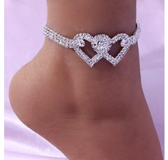 화려해지세요. 2PCS 발목 팔찌 큐빅 지르코니아 다이아몬드 실버 세트 | 여자 또는 청소년을 위한 귀여운 레이어드 하트 발찌 선물
