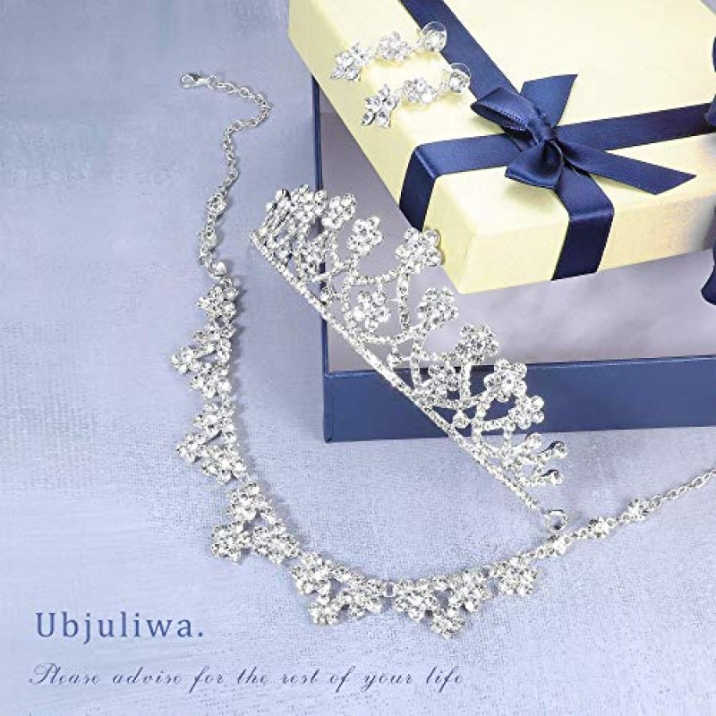 신부 들러리를위한 Ubjuliwa 웨딩 쥬얼리 신부 라인 석 목걸이 귀걸이 크라운 실버 신부 액세서리 결혼식을위한 여성 쥬얼리 세트