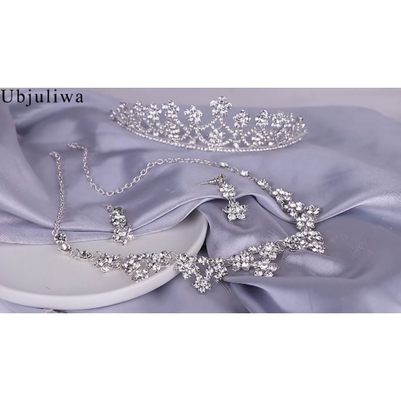 신부 들러리를위한 Ubjuliwa 웨딩 쥬얼리 신부 라인 석 목걸이 귀걸이 크라운 실버 신부 액세서리 결혼식을위한 여성 쥬얼리 세트