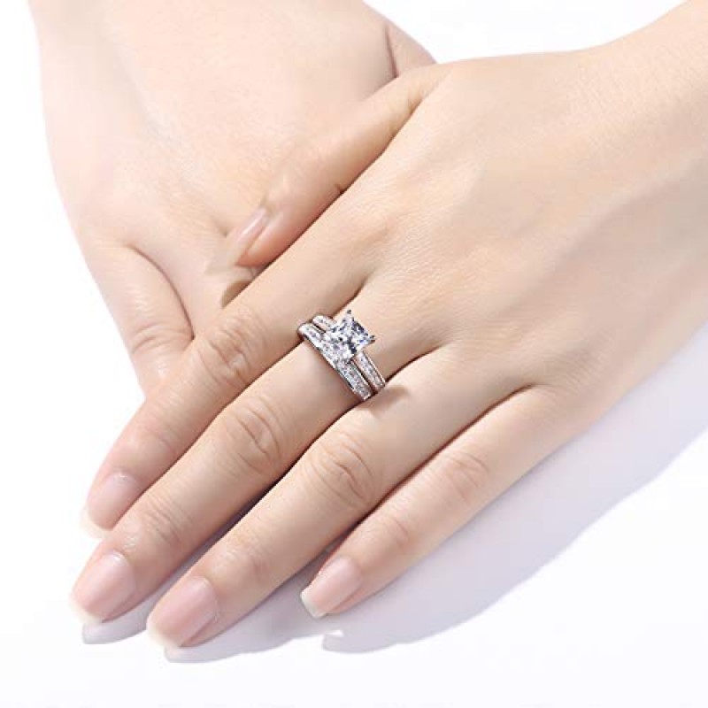 Newshe 여성을위한 결혼 반지 약혼 반지 세트 공주 925 스털링 실버 Cz 1.8Ct 크기 4-13