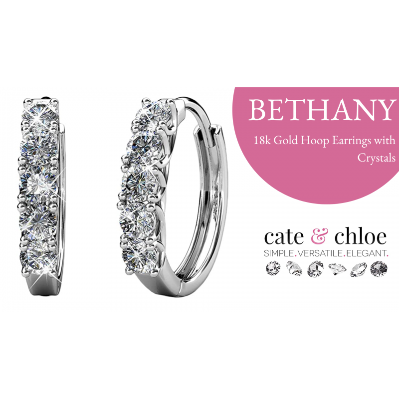 Cate & Chloe Bethany 스트롱 화이트 골드 후프 귀걸이, 크리스털이 있는 18k 골드 후프 귀걸이, 여성용 실버 후프 귀걸이 세트, 결혼 기념일 주얼리