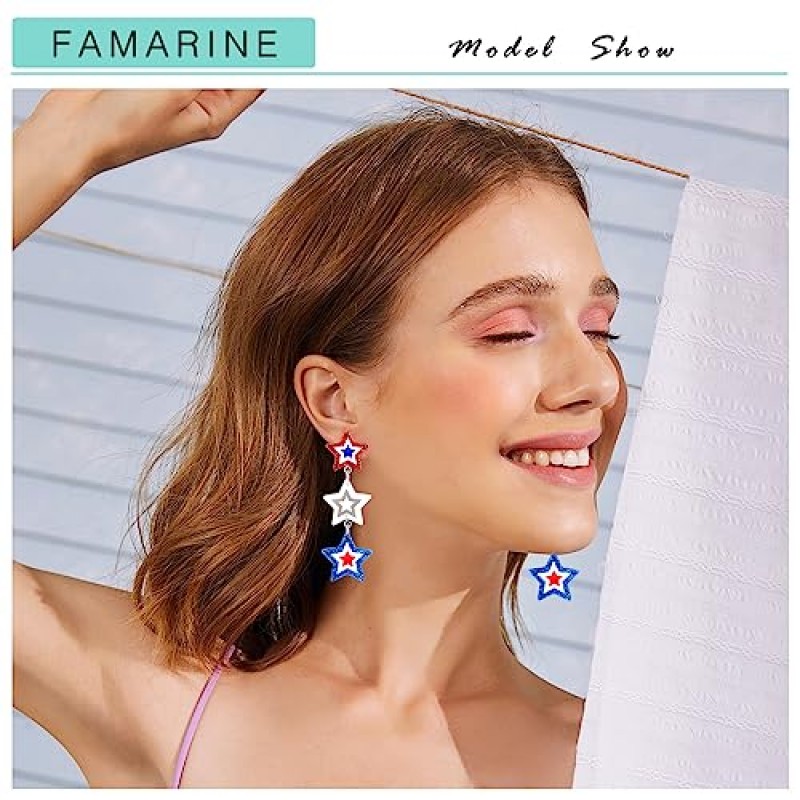 FAMARINE 7 월 4 일 귀걸이 미국 귀걸이 여성을위한 미국 귀걸이 귀여운 애국 귀걸이 스타 귀걸이 선물