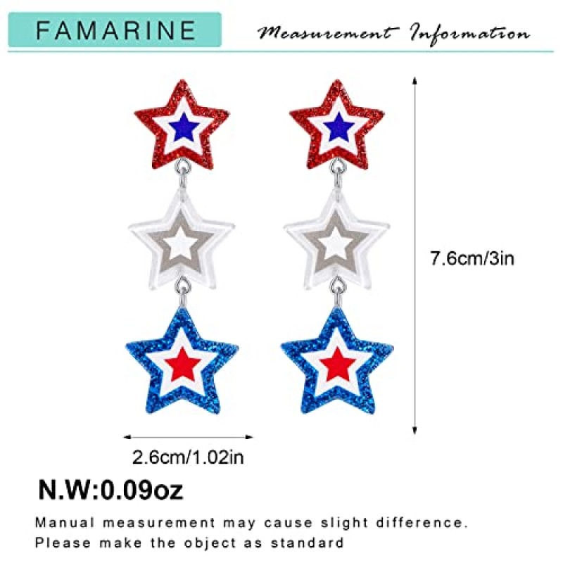 FAMARINE 7 월 4 일 귀걸이 미국 귀걸이 여성을위한 미국 귀걸이 귀여운 애국 귀걸이 스타 귀걸이 선물