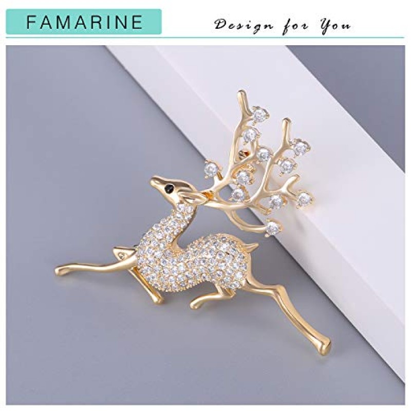 FAMARINE CZ Sika 사슴 브로치, 크리스마스 트리 브로치 핀 동물 브로치 핀 큐빅 지르코니아 크리스탈로 포장