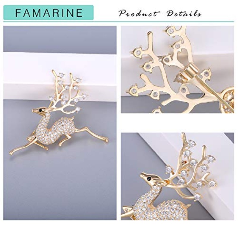 FAMARINE CZ Sika 사슴 브로치, 크리스마스 트리 브로치 핀 동물 브로치 핀 큐빅 지르코니아 크리스탈로 포장