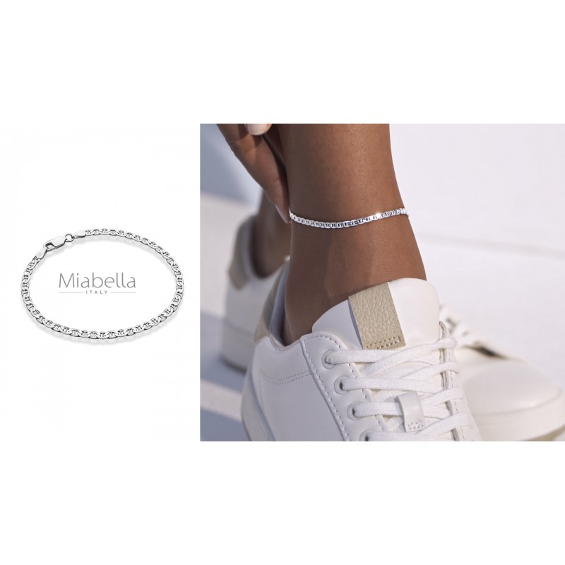 Miabella 925 스털링 실버 이탈리안 3mm, 4mm 솔리드 다이아몬드 컷 마리너 링크 체인 여성용 발목 발목 팔찌, 이탈리아산