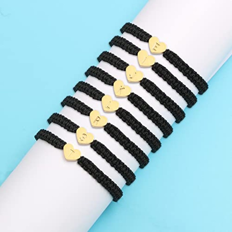 JoycuFF 우정 선물 여성용 하트 초기 팔찌 십대 소녀 커플 엄마 아빠 딸 아들 18K 골드 문자 A-Z 매력 팔찌 수제 로프 조절 보석 생일 어머니의 날