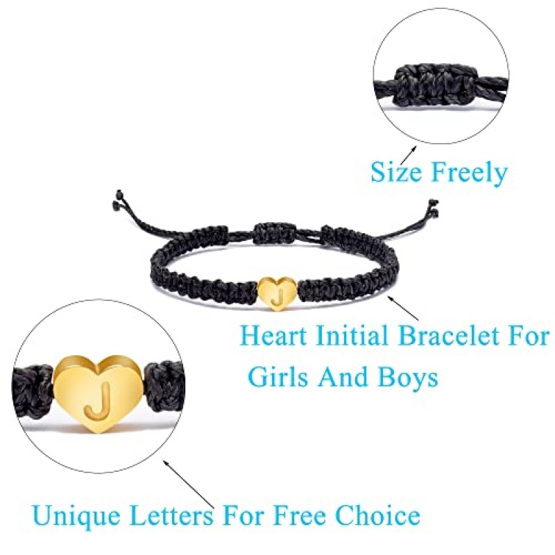 JoycuFF 우정 선물 여성용 하트 초기 팔찌 십대 소녀 커플 엄마 아빠 딸 아들 18K 골드 문자 A-Z 매력 팔찌 수제 로프 조절 보석 생일 어머니의 날