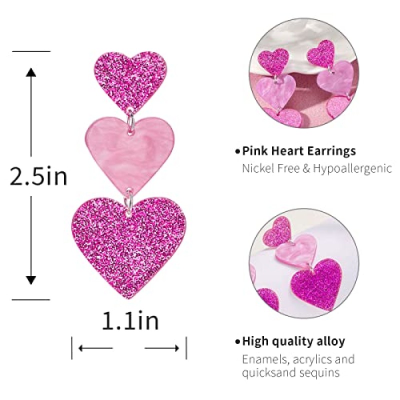 핑크 하트 귀걸이 여성을위한 세련된 에나멜 긴 사랑 하트 편지 귀걸이 십대 소녀 유행 세 사랑 하트 진술 귀걸이 패션 핑크 할로우 하트 매달려 귀걸이 생일 결혼 어머니의 날 선물