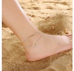 여성용 발목 팔찌, 14K 골드 도금 Dainty Layered Figaro 체인 CZ 초기 Anklets 세트 여성용 여름 보석 선물 Teen Girls