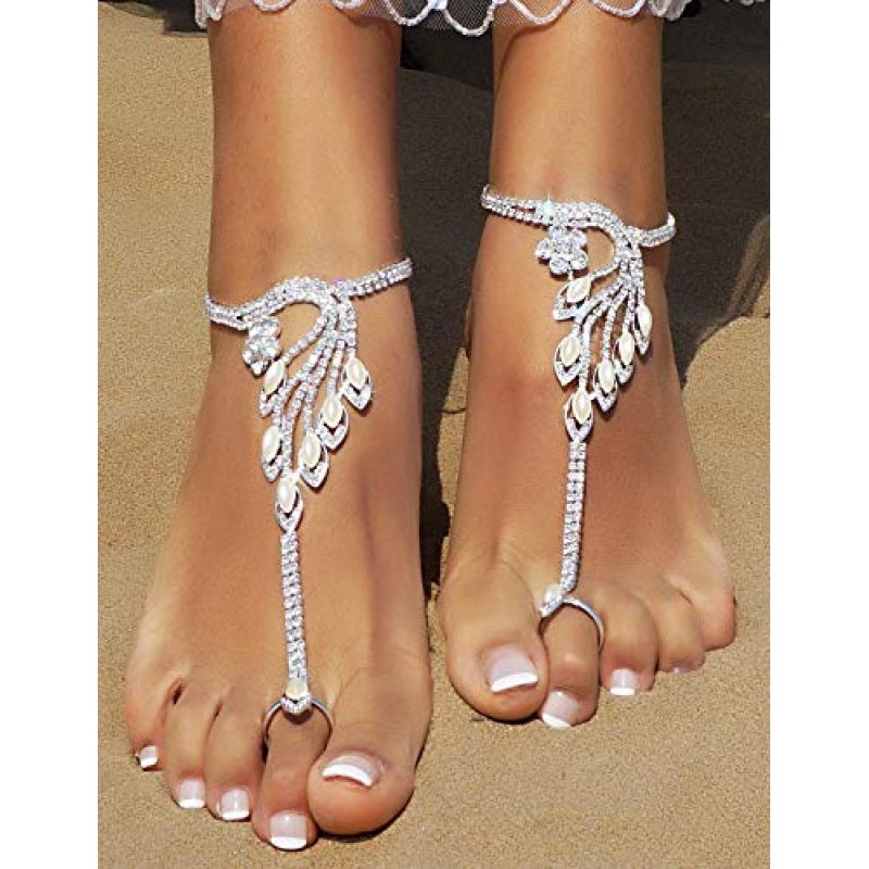 2 조각 여성의 발 체인 맨발 샌들 라인 석 발가락 반지와 비치 웨딩 쥬얼리 구두