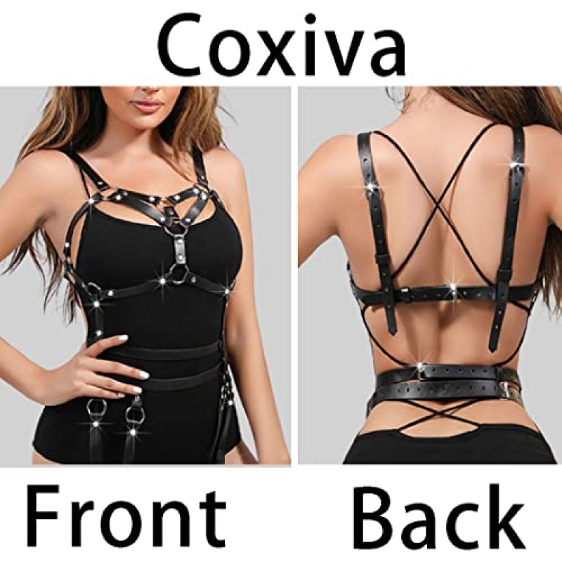 Coxiva 펑크 가죽 바디 하네스 가슴 벨트 허리 바디 체인 파티 댄스 파티 고스 레이브 벨트 여성용 밸리 쥬얼리 액세서리