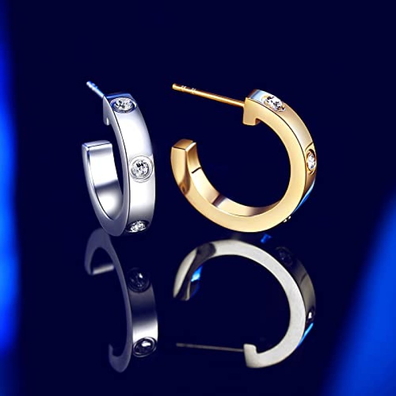 RIMRIVA 여성용 사랑 귀걸이 여자 후프 귀걸이 큐빅 지르코니아 스톤 귀걸이가 포함된 스테인레스 스틸 귀걸이 여성용 생일 보석 어머니의 날 크리스마스 선물 그녀, 실버/골드