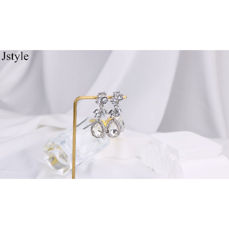 Jstyle 4 쌍 여성을위한 귀걸이에 클립 라인 석 크리스탈 웨딩 귀걸이 신부를위한 우아한 실버 눈물 방울 매달려 클립 신부 들러리 비 피어싱 귀걸이 클래식 스타일