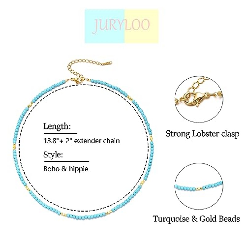 JURYLOO 청록색 초커 목걸이, 18K 골드 도금 푸카 쉘 목걸이 수제 Boho 보석 초커 여성용 청록색 쥬얼리