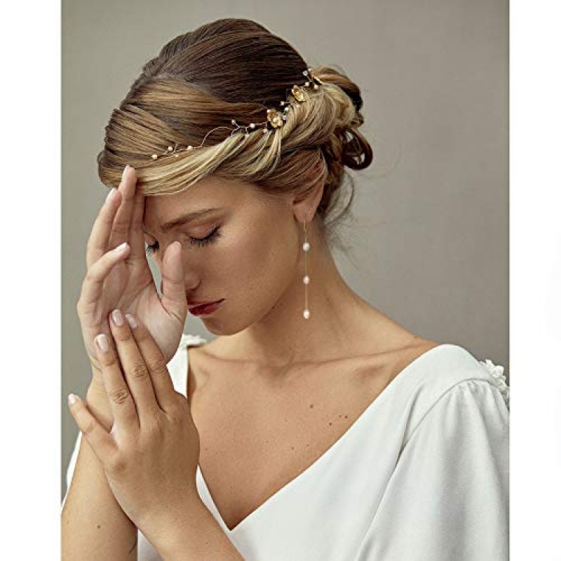 18K 골드 긴 진주 귀걸이 여성을위한 바로크 드롭 매달려 귀걸이 성명 뱀 체인 결혼식을위한 우아한 조절 스터드 쥬얼리