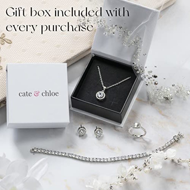 Cate & Chloe Amora Love 18k 화이트 골드 도금 펜던트 목걸이 - 실버 헤일로 하트 목걸이/아름다운 솔리테어 라운드 컷 큐빅 지르코니아 다이아몬드 클러스터 - 결혼 기념일 주얼리