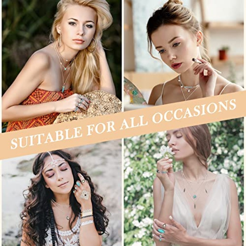 CHENGU 14 Pcs 여성을위한 서양 보석 Boho 청록색 목걸이 반지 쥬얼리 세트 보헤미안 조인트 너클 반지 여성을위한 설정