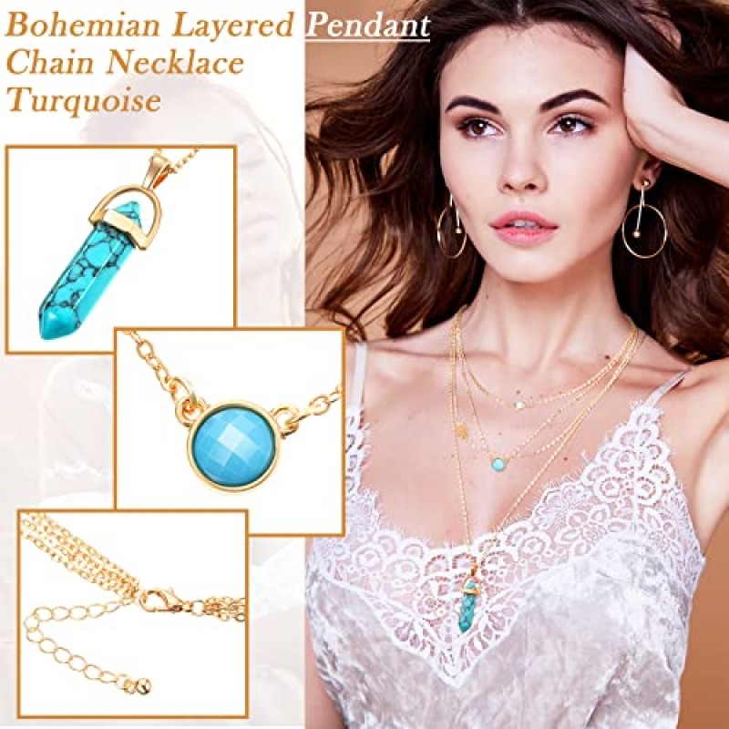 CHENGU 14 Pcs 여성을위한 서양 보석 Boho 청록색 목걸이 반지 쥬얼리 세트 보헤미안 조인트 너클 반지 여성을위한 설정