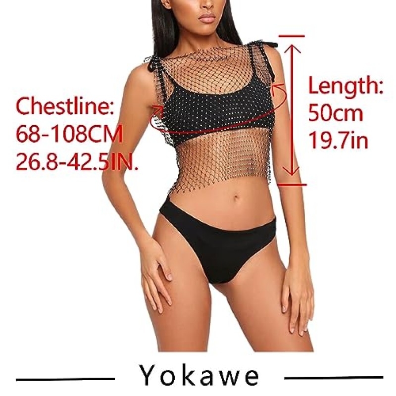 Yokawe 라인 석 메쉬 탑 블랙 반짝 이는 크리스탈 탱크 탑 비키니 커버 나이트 클럽 파티 레이버 의상을 통해 볼