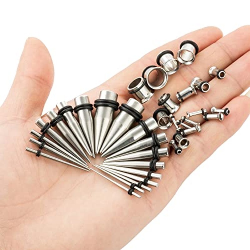 CABBE KALLO 36pcs 귀 스트레칭 키트 14G-00G 외과 강철 테이퍼 터널 게이지 스타터 여성과 남성 확장기 바디 피어 싱 쥬얼리 세트