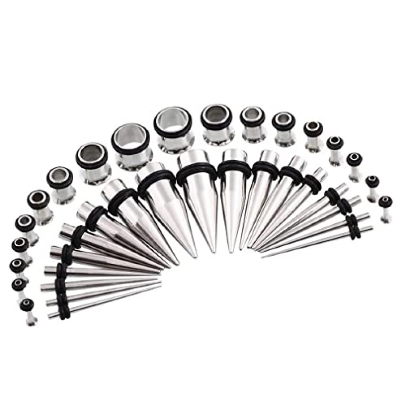 CABBE KALLO 36pcs 귀 스트레칭 키트 14G-00G 외과 강철 테이퍼 터널 게이지 스타터 여성과 남성 확장기 바디 피어 싱 쥬얼리 세트