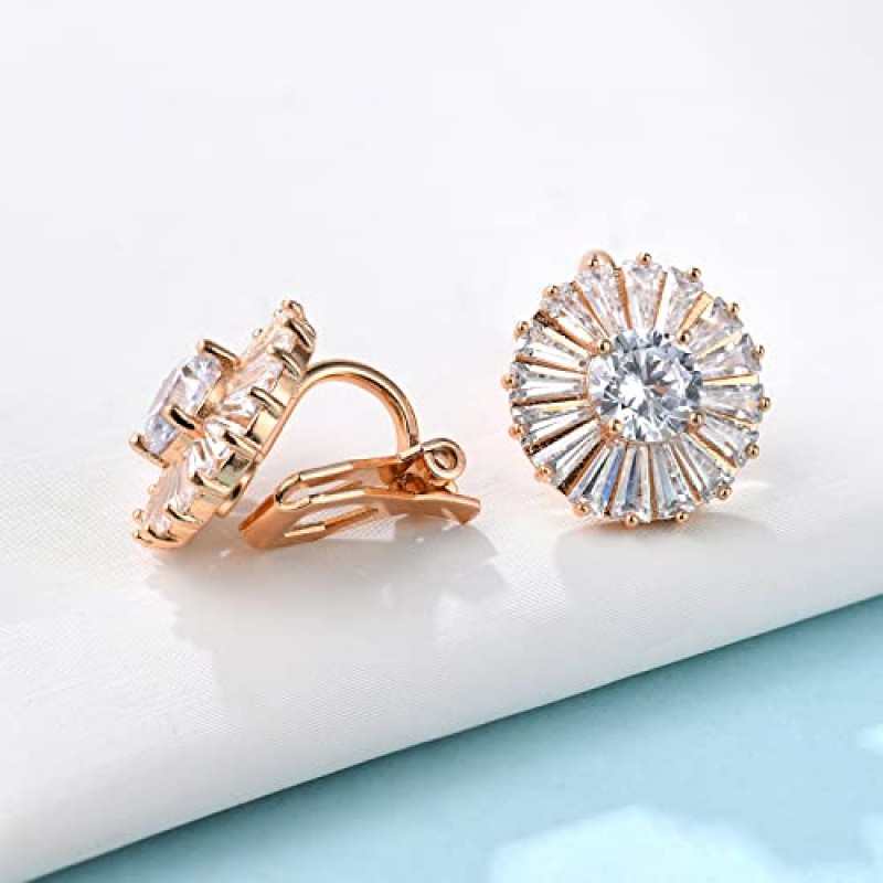 AllenCOCO 14K 화이트 골드 도금 CZ 헤일로 클립 스터드 귀걸이, 스파클링 라운드 큐빅 지르코니아 여성용 비 피어싱 클립 귀걸이