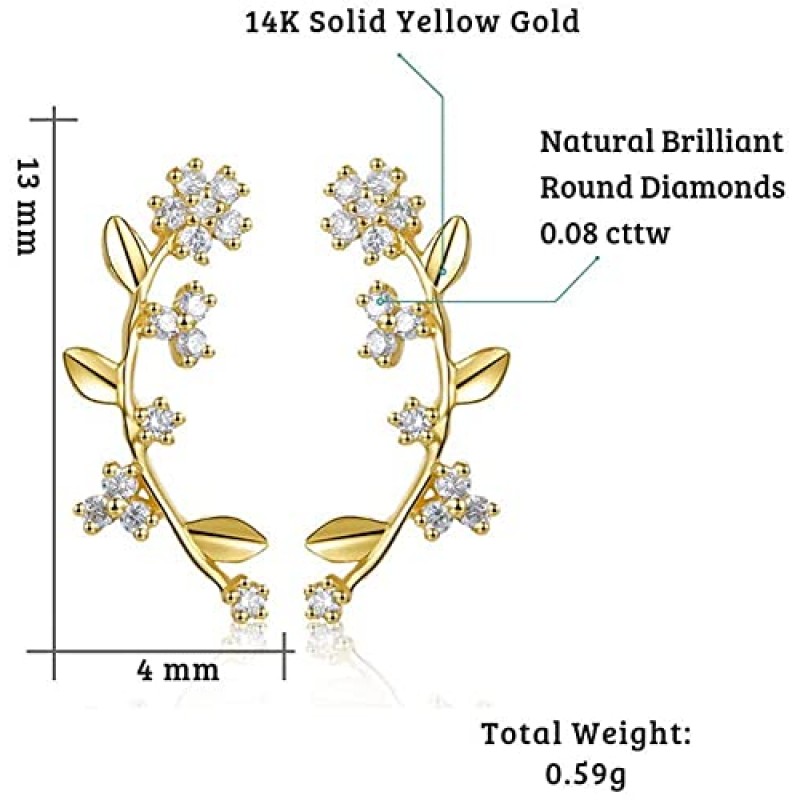 FANCIME 14K 솔리드 옐로우 골드 0.08cttw 다이아몬드 작은 작은 미니멀리스트 플라워 포스트 귀걸이 여성용 파인 쥬얼리 여자