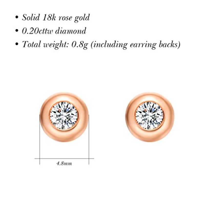 Carleen 솔리드 리얼 18K 골드 솔리테어 베젤 세트 라운드 스파클링 정품 다이아몬드 작은 작은 고상한 슬리퍼 스터드 귀걸이 여성용 여성용 일상 고급 주얼리 소녀, 직경 3.8mm/4.8mm