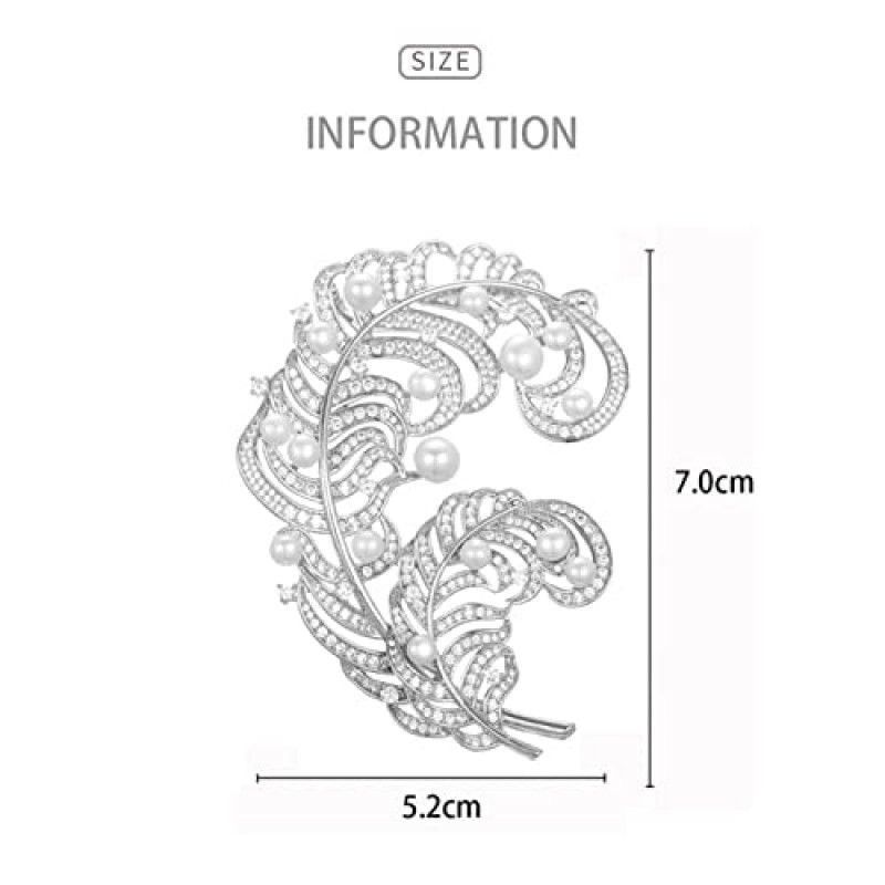 HUIMIN 브로치 & 핀 우아한 담수 진주 여성용 더블 깃털 브로치 코트 럭셔리 큐빅 지르콘 코사지 액세서리 쥬얼리 핀 크리스마스 선물 쥬얼리 (메탈 색상: 화이트)