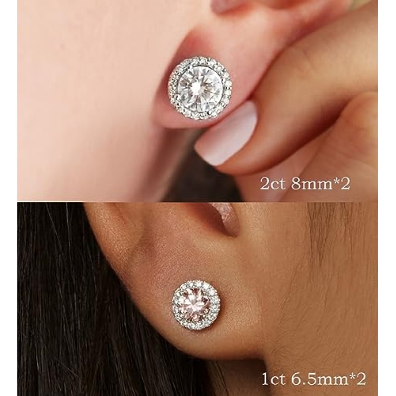 Glamrce Moissanite Halo 라운드 귀걸이 스터드, 2-4 CTTW(1캐럿 6.5mm*2, 2캐럿 8mm*2)18K 화이트 골드 도금, 아이디얼 컷 D 컬러 VVSI, 연구소 제작 다이아몬드, 인증서 및 선물 포장