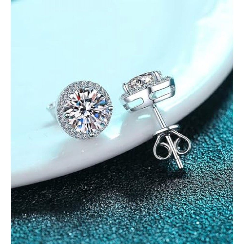 Glamrce Moissanite Halo 라운드 귀걸이 스터드, 2-4 CTTW(1캐럿 6.5mm*2, 2캐럿 8mm*2)18K 화이트 골드 도금, 아이디얼 컷 D 컬러 VVSI, 연구소 제작 다이아몬드, 인증서 및 선물 포장