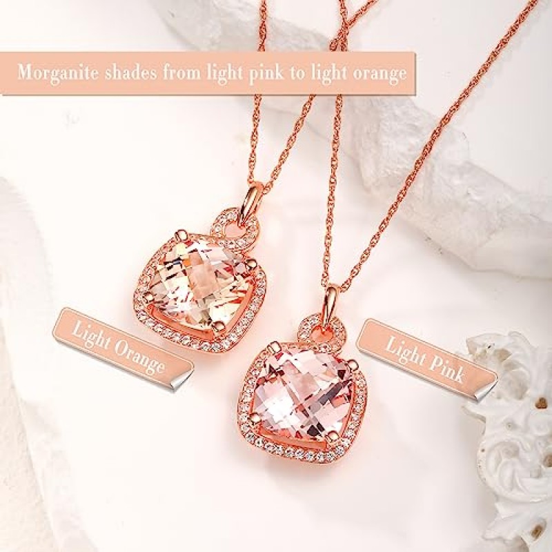 RANDES는 여성용 Morganite 목걸이를 만들었습니다. 925 스털링 실버 12mm 8mm 쿠션 컷 헤일로 펜던트 목걸이